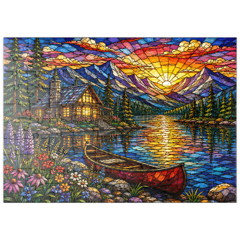 Darstellung des Puzzle Motivs Mosaic Mountain Cabin Lake puzzleplate Mosaic Mountain Cabin Lake 100 Puzzle