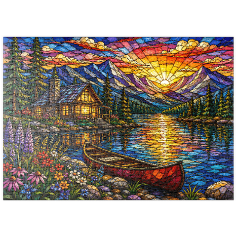 Darstellung des Puzzle Motivs Mosaic Mountain Cabin Lake puzzleplate Mosaic Mountain Cabin Lake 500 Puzzle