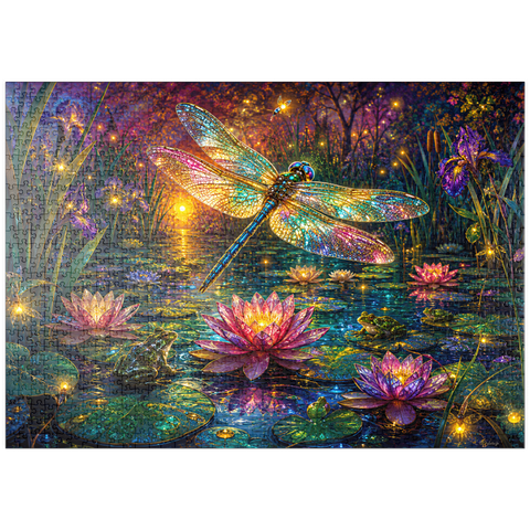 Darstellung des Puzzle Motivs Leuchtender Glas-Libellen-Lilien-Teich puzzleplate Luminous Glass Dragonfly Lily Pond 1000 Puzzle