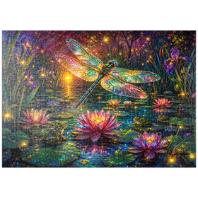 Darstellung des Puzzle Motivs Leuchtender Glas-Libellen-Lilien-Teich - Puzzleteile: 1000