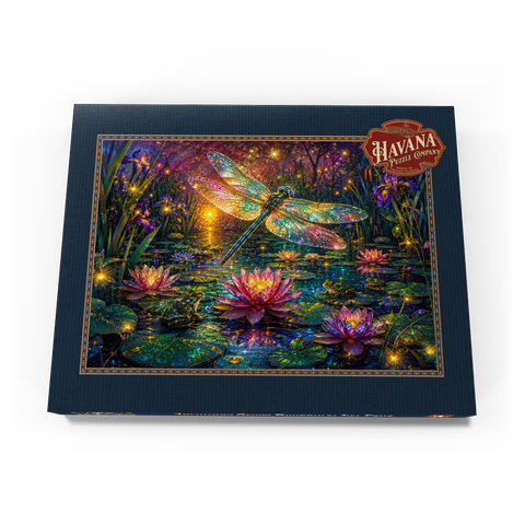 Darstellung des Puzzle Motivs Leuchtender Glas-Libellen-Lilien-Teich Luminous Glass Dragonfly Lily Pond 200 Puzzle Schachtel Ansicht3