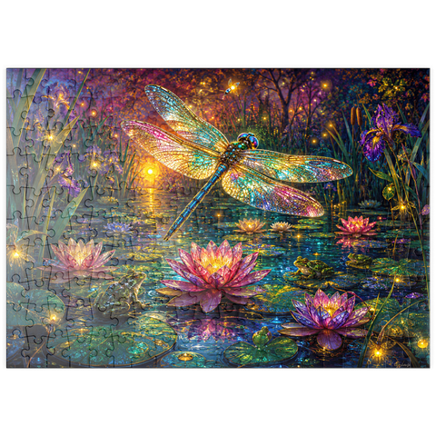 Darstellung des Puzzle Motivs Leuchtender Glas-Libellen-Lilien-Teich puzzleplate Luminous Glass Dragonfly Lily Pond 200 Puzzle