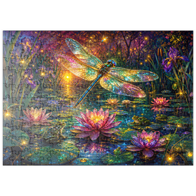 Darstellung des Puzzle Motivs Leuchtender Glas-Libellen-Lilien-Teich - Puzzleteile: 200