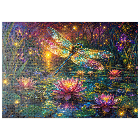 Darstellung des Puzzle Motivs Leuchtender Glas-Libellen-Lilien-Teich puzzleplate Luminous Glass Dragonfly Lily Pond 500 Puzzle