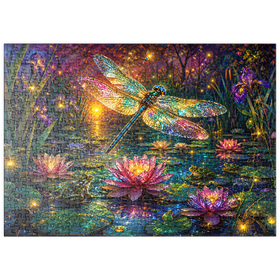 Darstellung des Puzzle Motivs Leuchtender Glas-Libellen-Lilien-Teich - Puzzleteile: 500