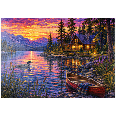 Darstellung des Puzzle Motivs Loon Lake Twilight Hütte puzzleplate Loon Lake Twilight Cabin 1000 Puzzle