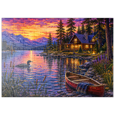 Darstellung des Puzzle Motivs Loon Lake Twilight Hütte puzzleplate Loon Lake Twilight Cabin 100 Puzzle