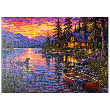 Darstellung des Puzzle Motivs puzzleplate Loon Lake Twilight Cabin 500 Puzzle