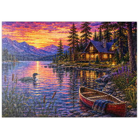 Darstellung des Puzzle Motivs Loon Lake Twilight Hütte puzzleplate Loon Lake Twilight Cabin 500 Puzzle