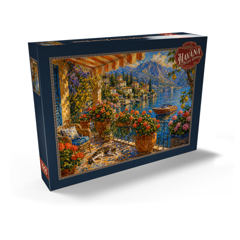 Darstellung des Puzzle Motivs Gemälde eines blumengeschmückten Balkons am Comer See Lake Como Flower Balcony Painting 1000 Puzzle Schachtel Ansicht2