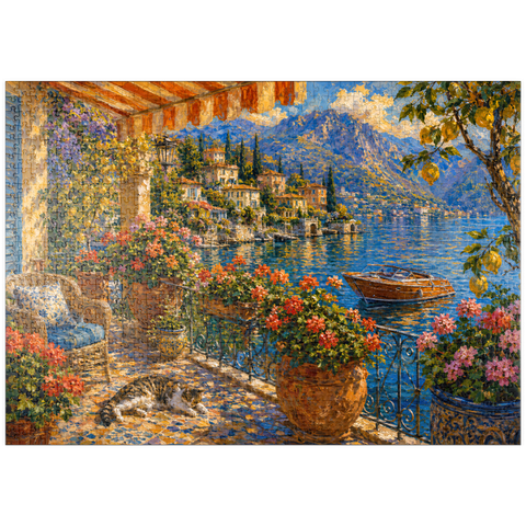 Darstellung des Puzzle Motivs Gemälde eines blumengeschmückten Balkons am Comer See puzzleplate Lake Como Flower Balcony Painting 1000 Puzzle