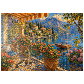 Darstellung des Puzzle Motivs Gemälde eines blumengeschmückten Balkons am Comer See - Puzzleteile: 1000