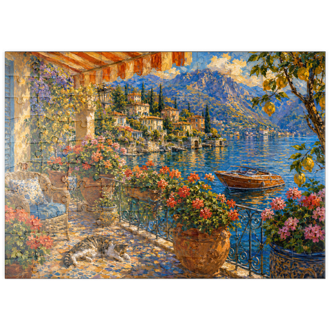 Darstellung des Puzzle Motivs Gemälde eines blumengeschmückten Balkons am Comer See puzzleplate Lake Como Flower Balcony Painting 100 Puzzle