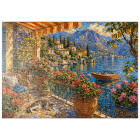 Darstellung des Puzzle Motivs Gemälde eines blumengeschmückten Balkons am Comer See - Puzzleteile: 100