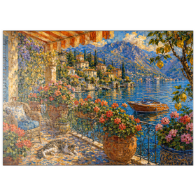 Darstellung des Puzzle Motivs Gemälde eines blumengeschmückten Balkons am Comer See - Puzzleteile: 200