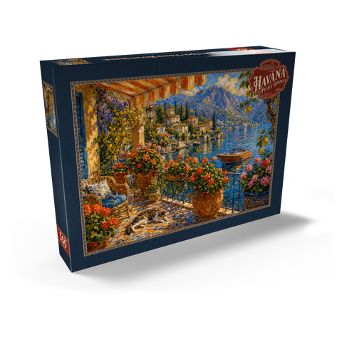 Darstellung des Puzzle Motivs Gemälde eines blumengeschmückten Balkons am Comer See Lake Como Flower Balcony Painting 500 Puzzle Schachtel Ansicht2