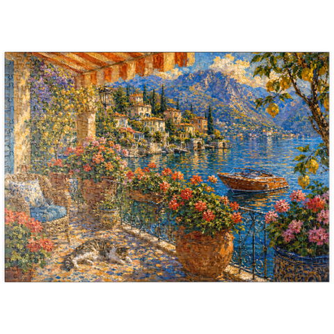 Darstellung des Puzzle Motivs Gemälde eines blumengeschmückten Balkons am Comer See puzzleplate Lake Como Flower Balcony Painting 500 Puzzle