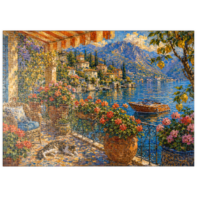 Darstellung des Puzzle Motivs Gemälde eines blumengeschmückten Balkons am Comer See - Puzzleteile: 500