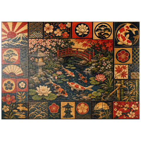 Darstellung des Puzzle Motivs Postercollage „Koi-Teich-Garten“ puzzleplate Koi Pond Garden Poster Collage 1000 Puzzle