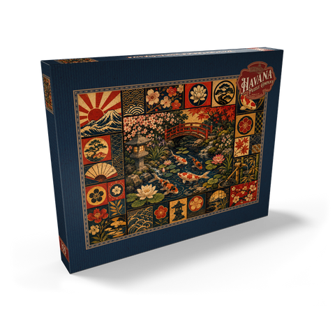 Darstellung des Puzzle Motivs Postercollage „Koi-Teich-Garten“ Koi Pond Garden Poster Collage 100 Puzzle Schachtel Ansicht2