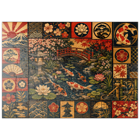 Darstellung des Puzzle Motivs Postercollage „Koi-Teich-Garten“ puzzleplate Koi Pond Garden Poster Collage 100 Puzzle