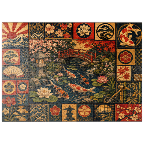 Darstellung des Puzzle Motivs Postercollage „Koi-Teich-Garten“ puzzleplate Koi Pond Garden Poster Collage 500 Puzzle
