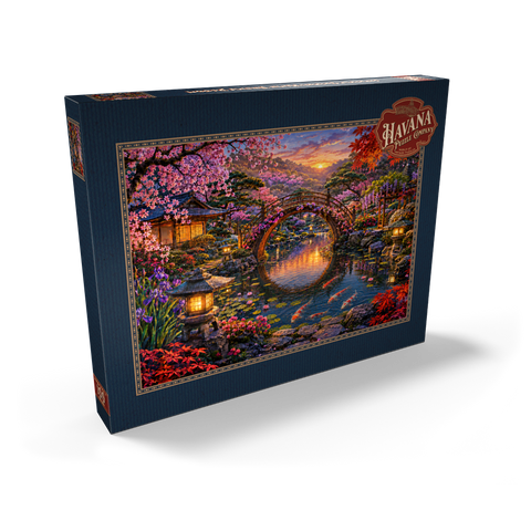 Darstellung des Puzzle Motivs Blüte an der Mondbrücke im Japanischen Garten Japanese Garden Moon Bridge Bloom 100 Puzzle Schachtel Ansicht2