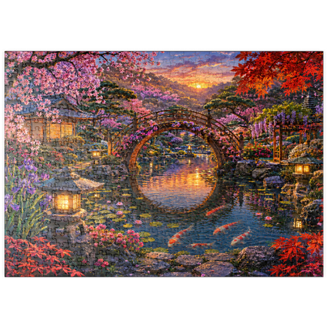 Darstellung des Puzzle Motivs Blüte an der Mondbrücke im Japanischen Garten puzzleplate Japanese Garden Moon Bridge Bloom 500 Puzzle