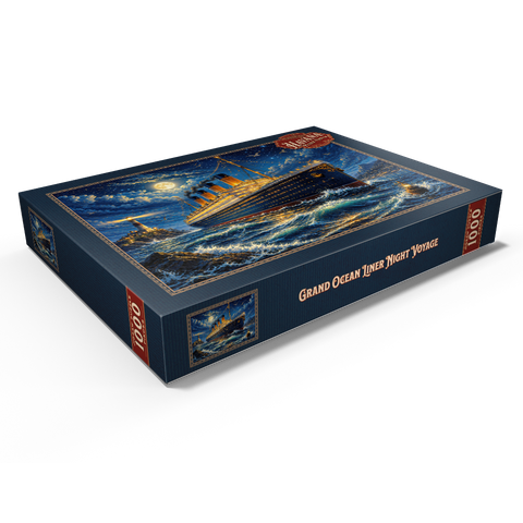 Darstellung des Puzzle Motivs Nachtfahrt mit einem großen Ozeandampfer Grand Ocean Liner Night Voyage 1000 Puzzle Schachtel Ansicht1