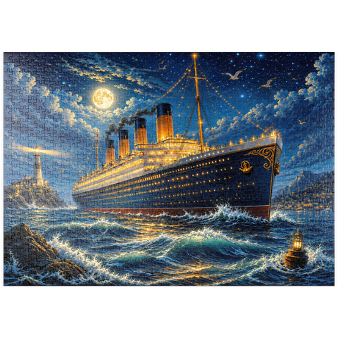 Darstellung des Puzzle Motivs Nachtfahrt mit einem großen Ozeandampfer puzzleplate Grand Ocean Liner Night Voyage 1000 Puzzle