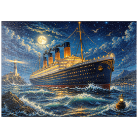 Darstellung des Puzzle Motivs Nachtfahrt mit einem großen Ozeandampfer - Puzzleteile: 1000