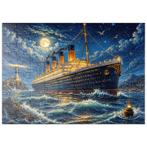 Darstellung des Puzzle Motivs Nachtfahrt mit einem großen Ozeandampfer puzzleplate Grand Ocean Liner Night Voyage 100 Puzzle