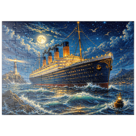 Darstellung des Puzzle Motivs Nachtfahrt mit einem großen Ozeandampfer - Puzzleteile: 100