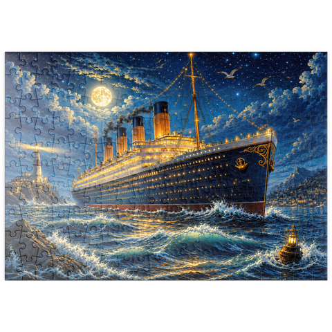 Darstellung des Puzzle Motivs Nachtfahrt mit einem großen Ozeandampfer puzzleplate Grand Ocean Liner Night Voyage 200 Puzzle