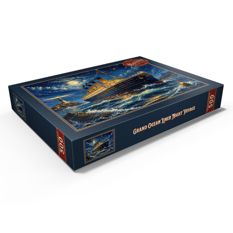 Darstellung des Puzzle Motivs Nachtfahrt mit einem großen Ozeandampfer Grand Ocean Liner Night Voyage 500 Puzzle Schachtel Ansicht1