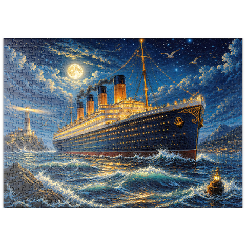 Darstellung des Puzzle Motivs Nachtfahrt mit einem großen Ozeandampfer puzzleplate Grand Ocean Liner Night Voyage 500 Puzzle