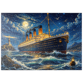 Darstellung des Puzzle Motivs Nachtfahrt mit einem großen Ozeandampfer - Puzzleteile: 500
