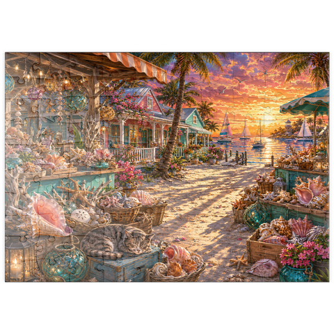 Darstellung des Puzzle Motivs Sonnenuntergang am Muschelmarkt in Florida puzzleplate Florida Shell Market Sunset 100 Puzzle