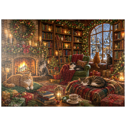 Darstellung des Puzzle Motivs Gemütliche Weihnachtsbuchhandlungskatzen puzzleplate Cozy Christmas Bookshop Cats 1000 Puzzle