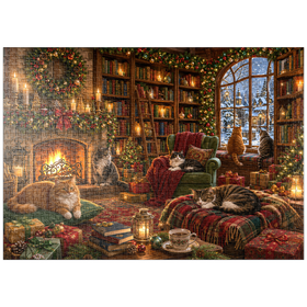 Darstellung des Puzzle Motivs Gemütliche Weihnachtsbuchhandlungskatzen - Puzzleteile: 1000