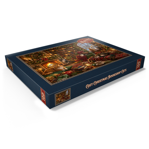 Darstellung des Puzzle Motivs Gemütliche Weihnachtsbuchhandlungskatzen Cozy Christmas Bookshop Cats 100 Puzzle Schachtel Ansicht1