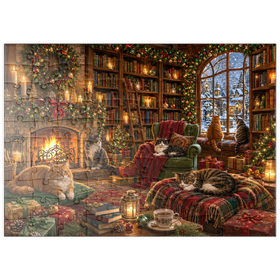Darstellung des Puzzle Motivs Gemütliche Weihnachtsbuchhandlungskatzen - Puzzleteile: 100