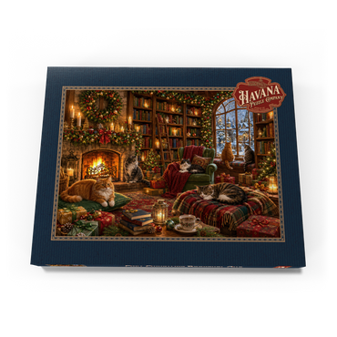 Darstellung des Puzzle Motivs Cozy Christmas Bookshop Cats 200 Puzzle Schachtel Ansicht3