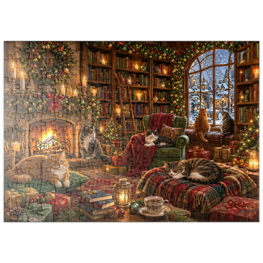 Darstellung des Puzzle Motivs puzzleplate Cozy Christmas Bookshop Cats 200 Puzzle