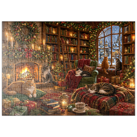 Darstellung des Puzzle Motivs Gemütliche Weihnachtsbuchhandlungskatzen - Puzzleteile: 200