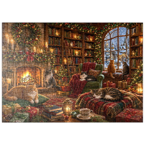 Darstellung des Puzzle Motivs Gemütliche Weihnachtsbuchhandlungskatzen puzzleplate Cozy Christmas Bookshop Cats 500 Puzzle