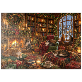 Darstellung des Puzzle Motivs Gemütliche Weihnachtsbuchhandlungskatzen - Puzzleteile: 500