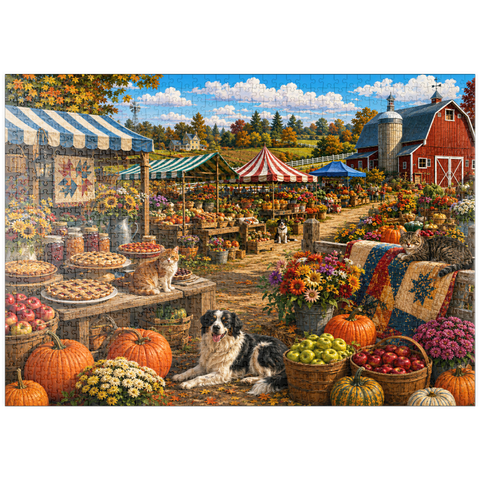 Darstellung des Puzzle Motivs Vormittag auf dem Bauernmarkt der Kreisausstellung puzzleplate County Fair Farmers Market Morning 1000 Puzzle