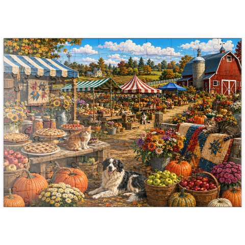 Darstellung des Puzzle Motivs Vormittag auf dem Bauernmarkt der Kreisausstellung puzzleplate County Fair Farmers Market Morning 100 Puzzle