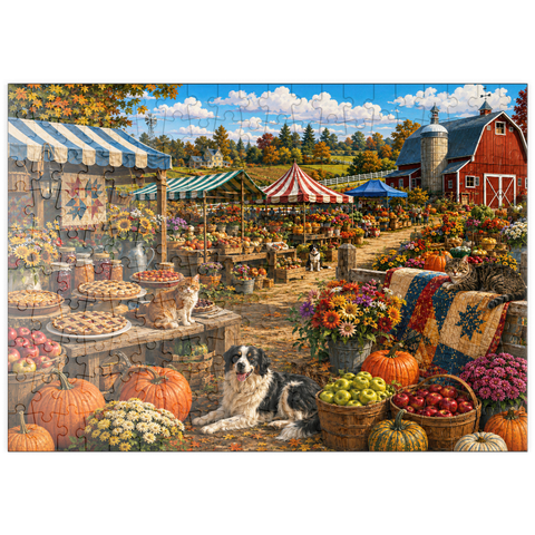Darstellung des Puzzle Motivs Vormittag auf dem Bauernmarkt der Kreisausstellung puzzleplate County Fair Farmers Market Morning 200 Puzzle